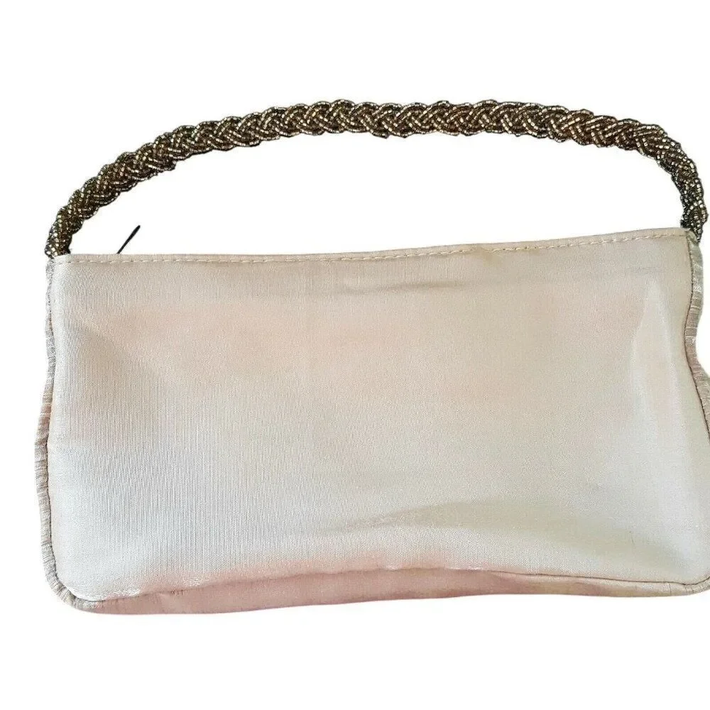 Vintage Jessica McClintock Womens Purse Gold Sateen Formal Clutch Bead Handle